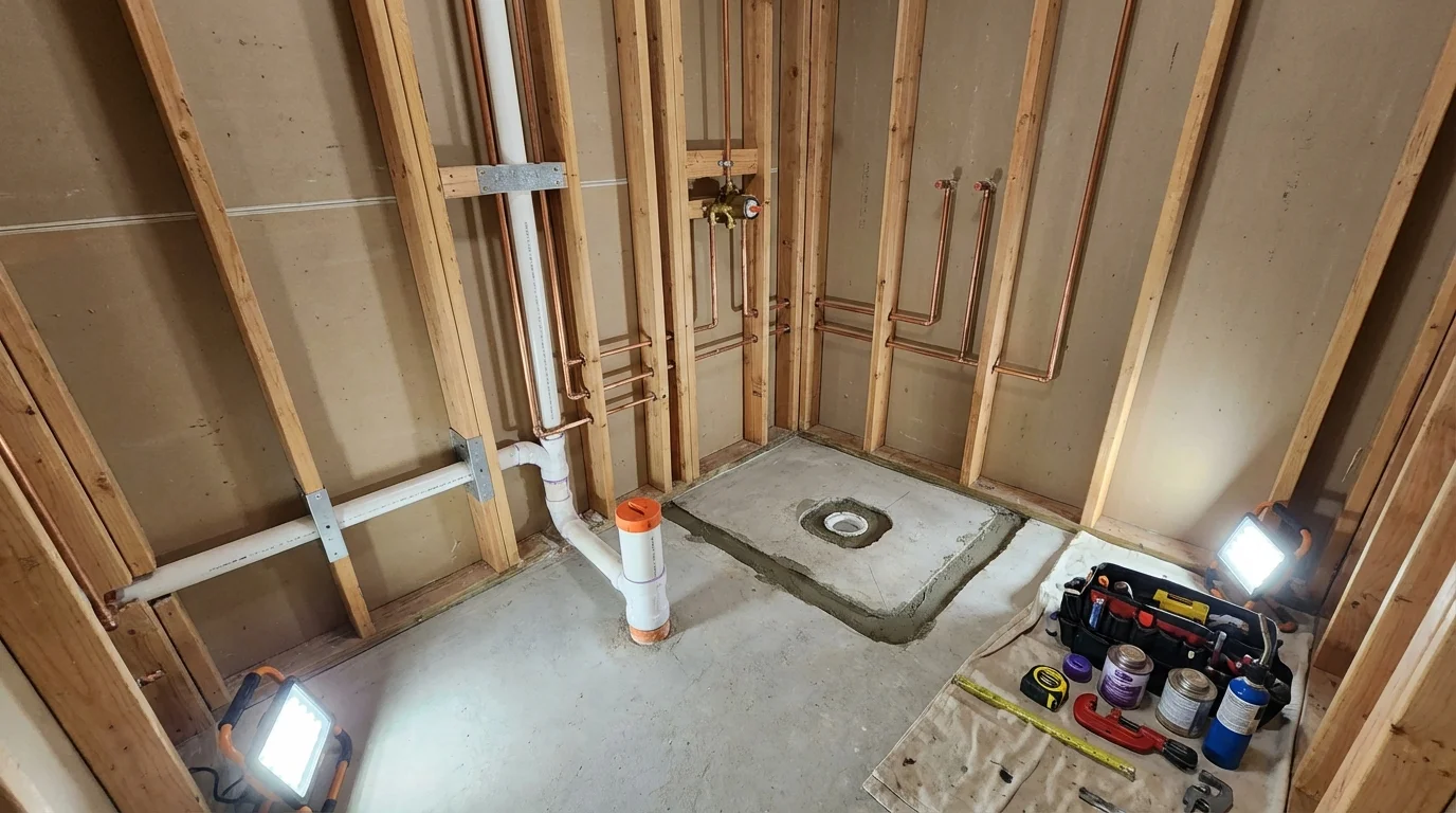 Bathroom rough-in plumbing during remodel by Johns Plumbing LLC in Marietta