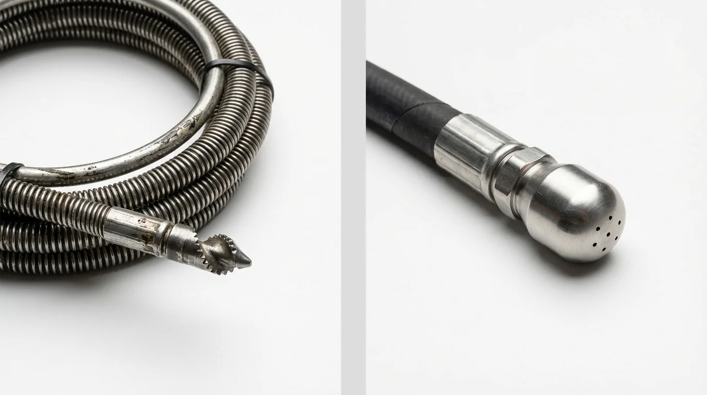 Drain snake cable and hydro jetting nozzle used for drain cleaning in Marietta, OH