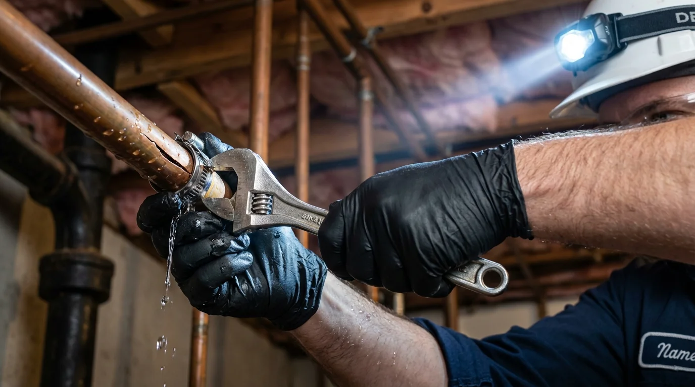 Emergency pipe clamp repair being performed by a Johns Plumbing LLC plumber in Marietta