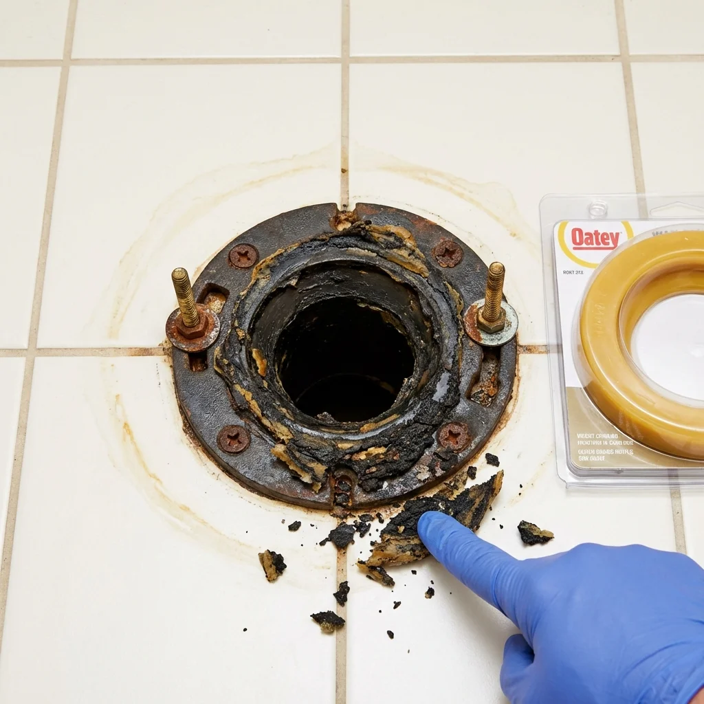 Failed wax ring showing water seepage at the base of a toilet in a Marietta, OH home