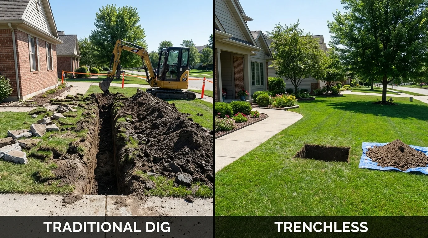 Trenchless sewer repair with minimal yard damage versus traditional excavation in Marietta, OH