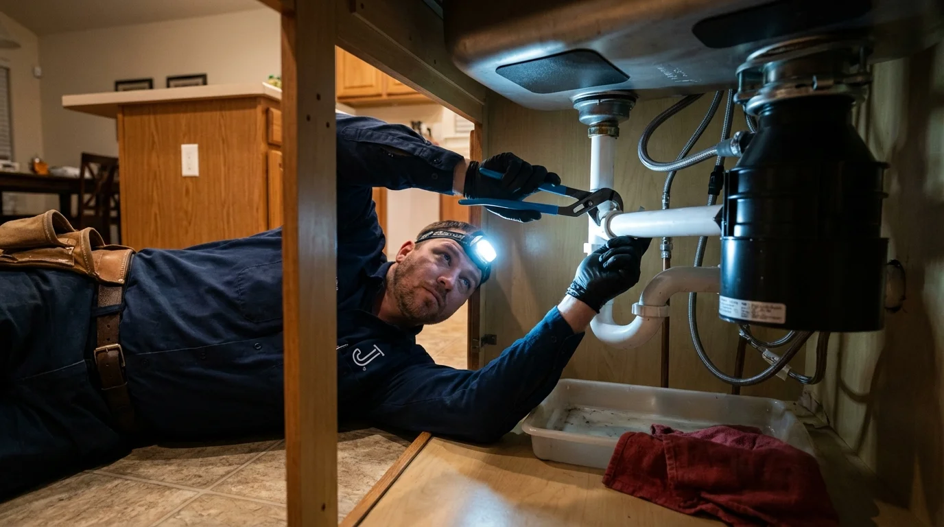 P-trap and supply line connections under a kitchen sink showing a common leak point in Marietta, OH